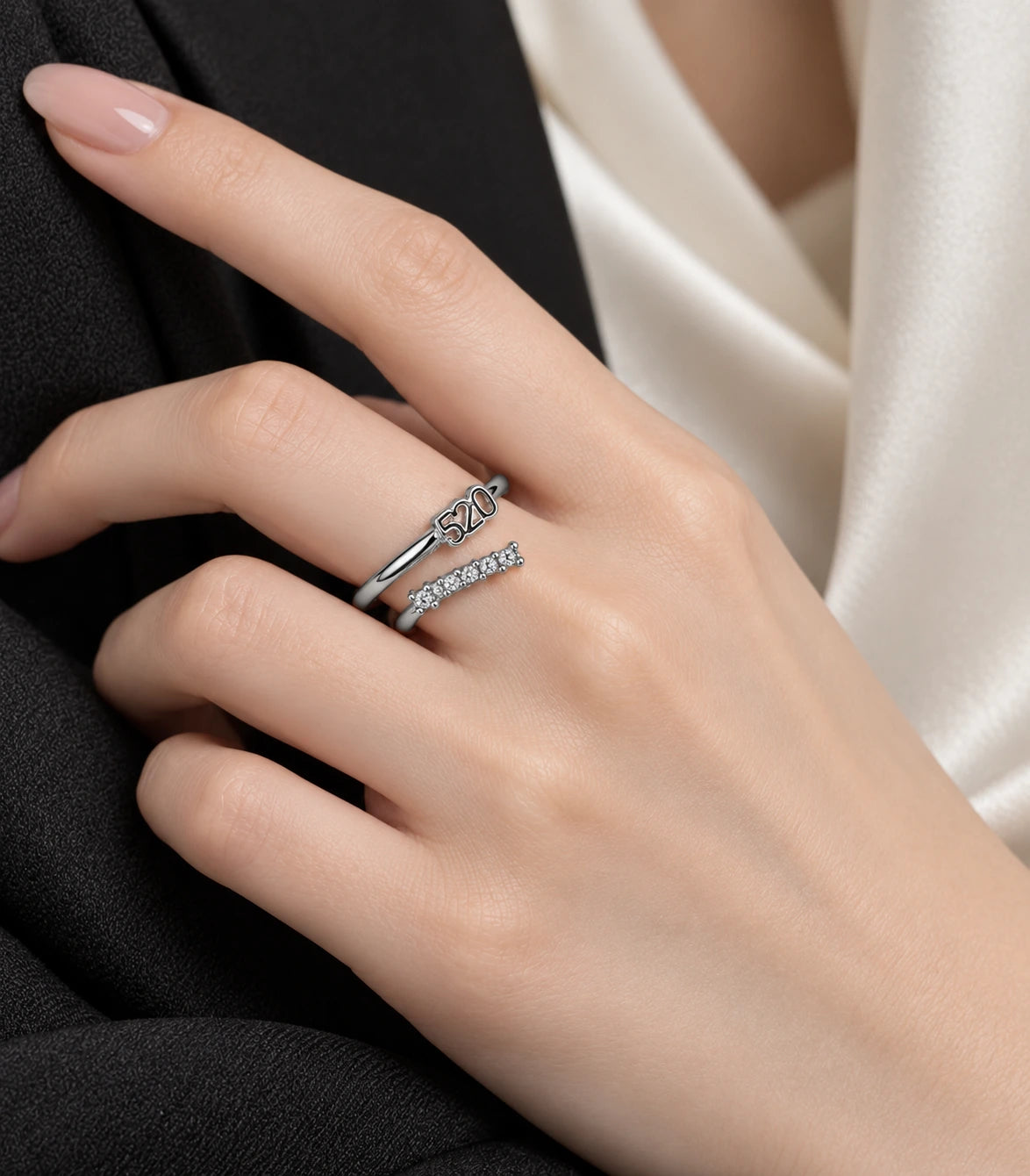 JIMIKI Silver 520 Crystal Bypass Adjustable Ring in Silver - editorial worn view #color_silver