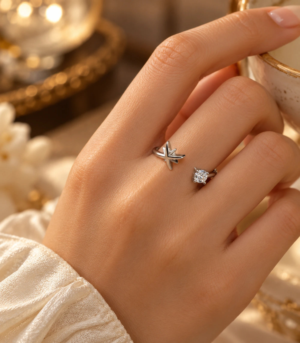 JIMIKI Silver Airplane and Round Crystal Adjustable Ring in Silver - editorial worn view #color_silver