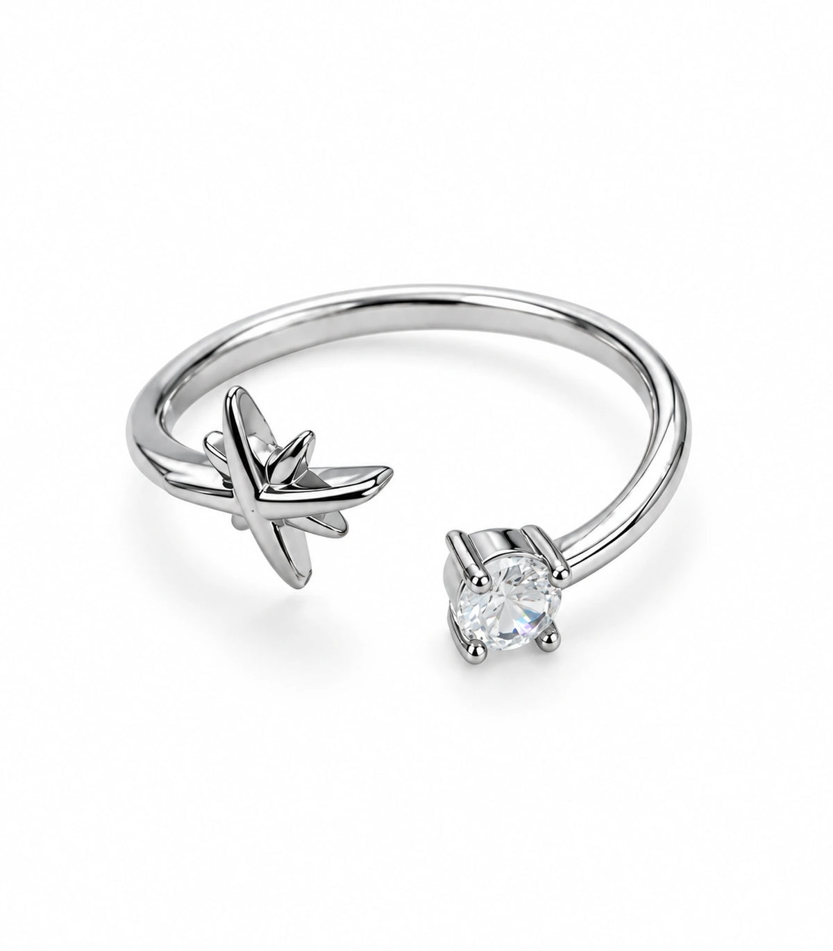 JIMIKI Silver Airplane and Round Crystal Adjustable Ring in Silver - ring on white #color_silver