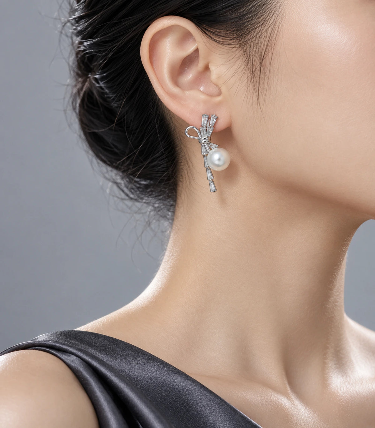 JIMIKI Silver Baguette Bow Pearl Drop Earrings - editorial-model #color_silver
