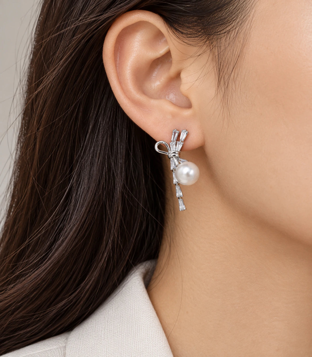 JIMIKI Silver Baguette Bow Pearl Drop Earrings - model #color_silver