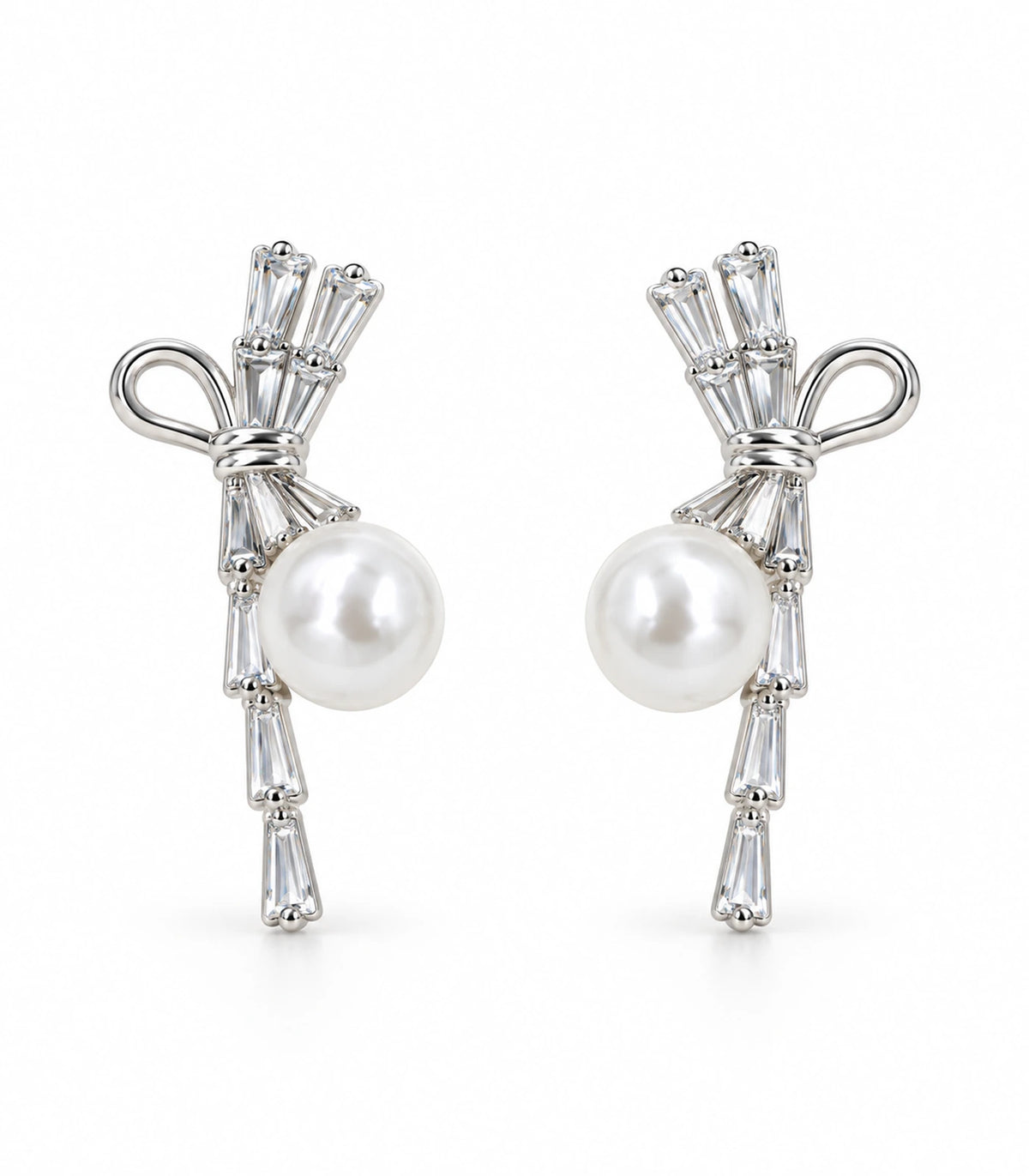 JIMIKI Silver Baguette Bow Pearl Drop Earrings - white-background #color_silver