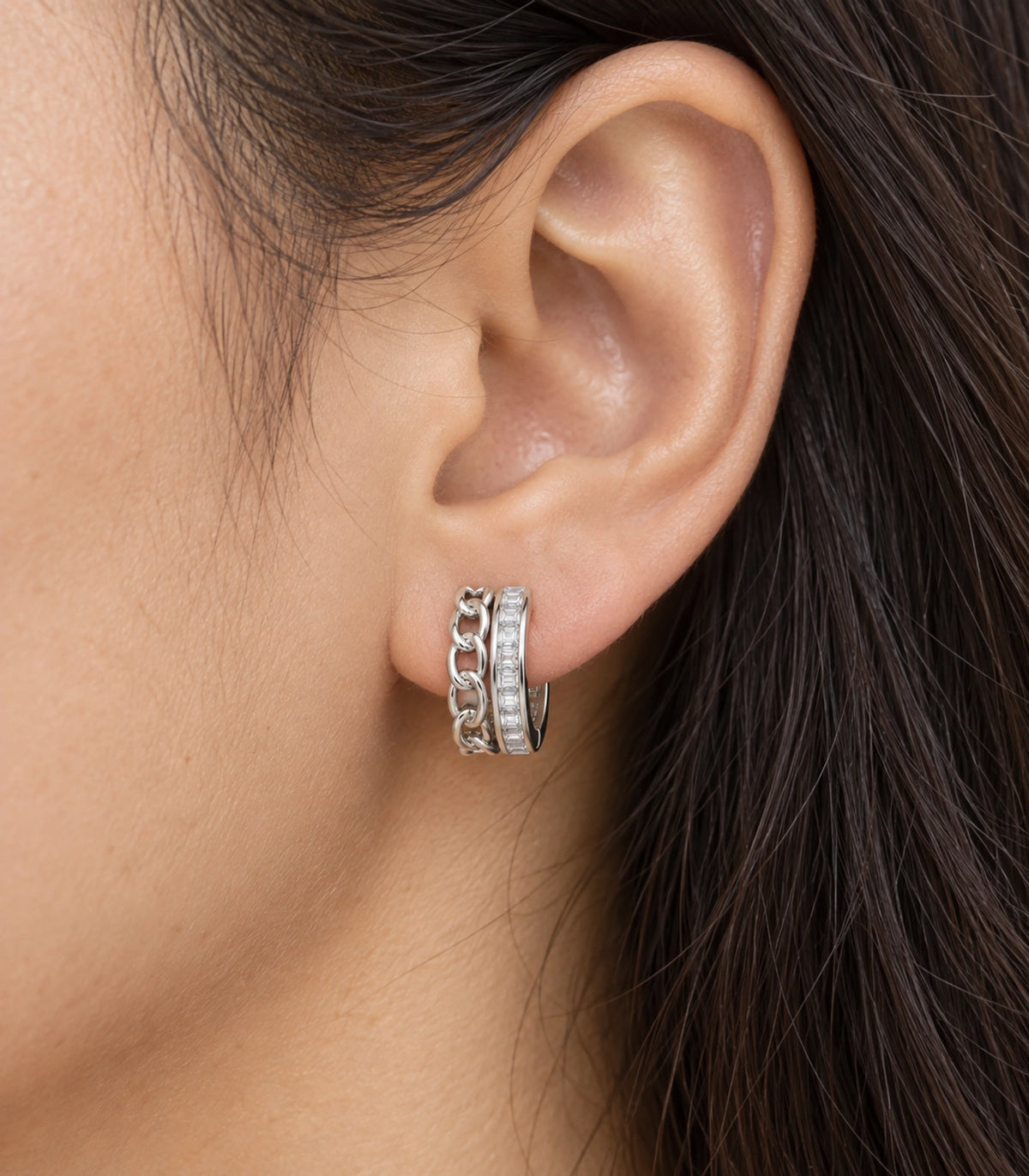 JIMIKI silver baguette chain double row huggie earrings, worn closeup of the front design #color_silver