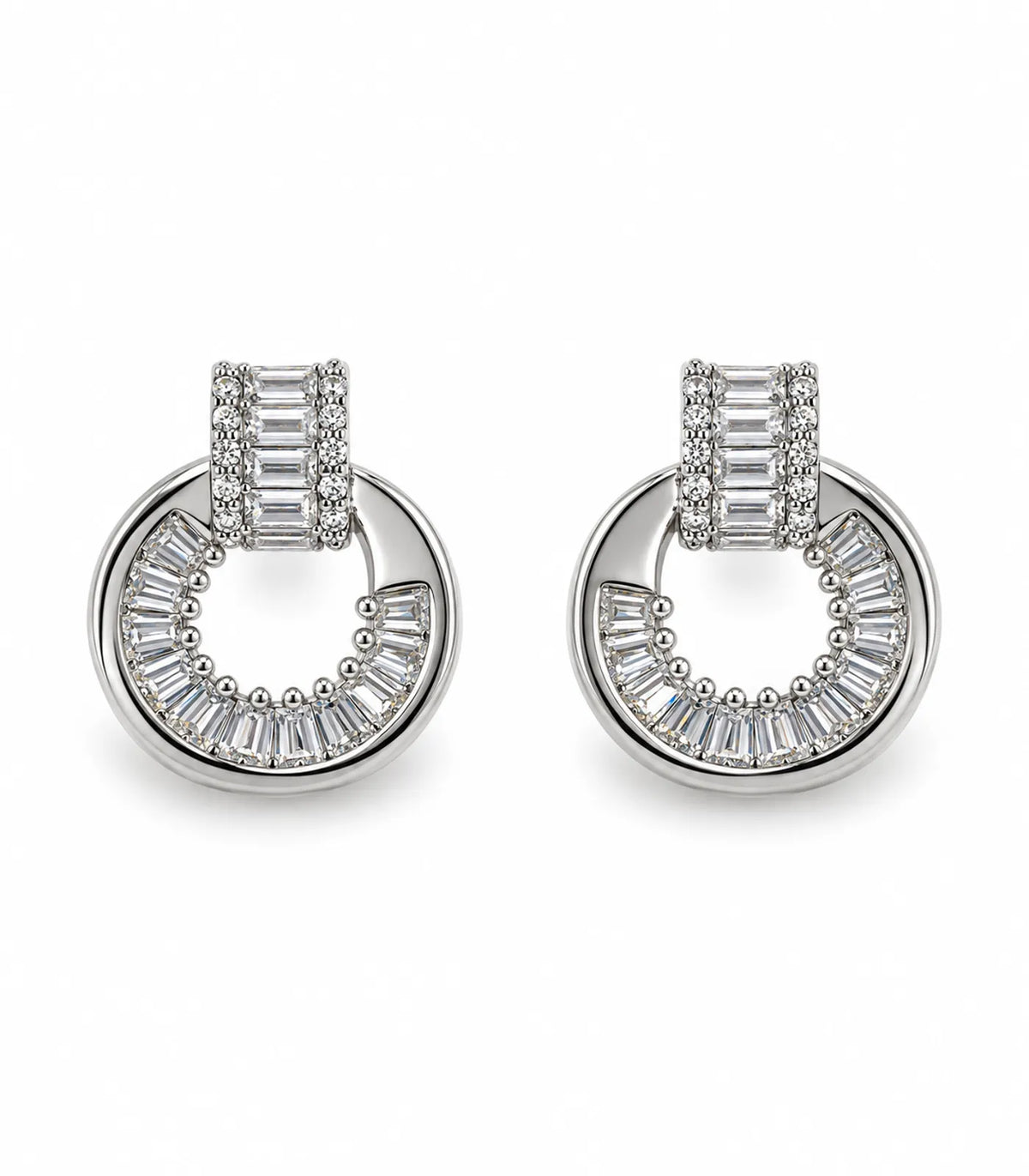 Silver Baguette Halo Circle Earrings matching pair on white background