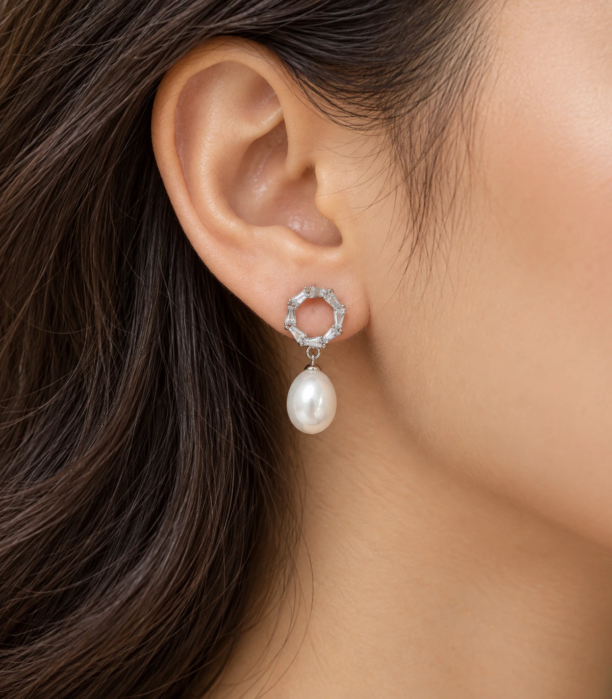 JIMIKI Silver Baguette Halo Pearl Drop Earrings, worn styling view #color_silver