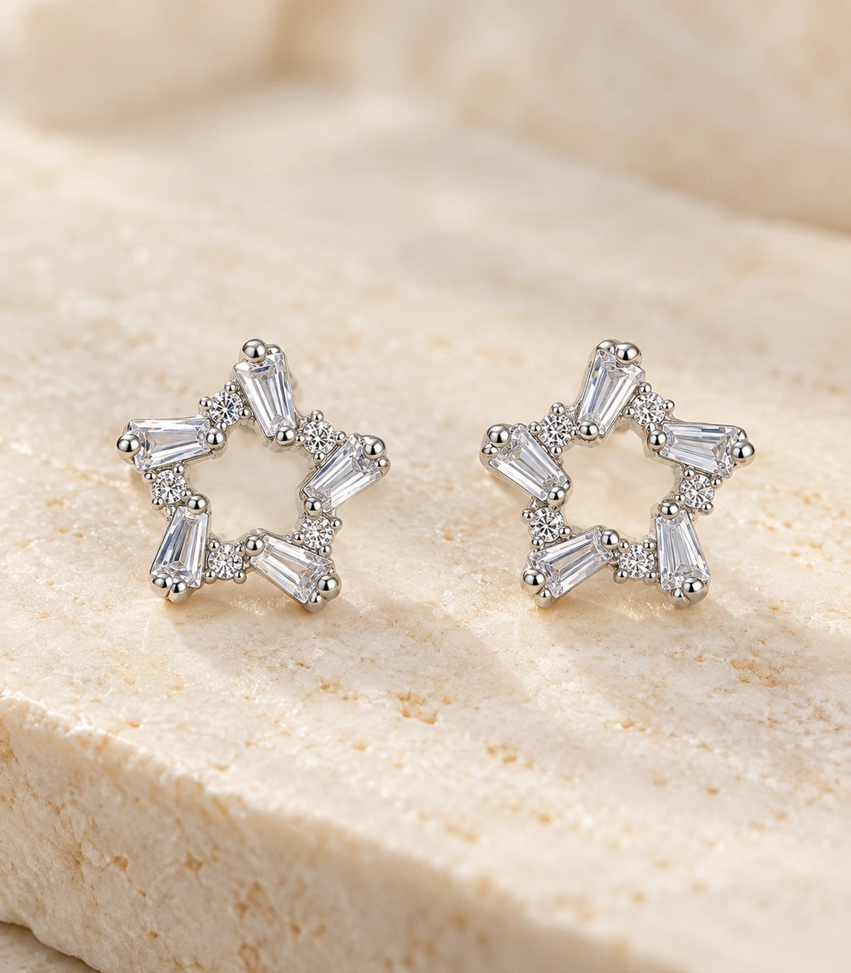 Silver Baguette Open Star Stud Earrings pair close detail