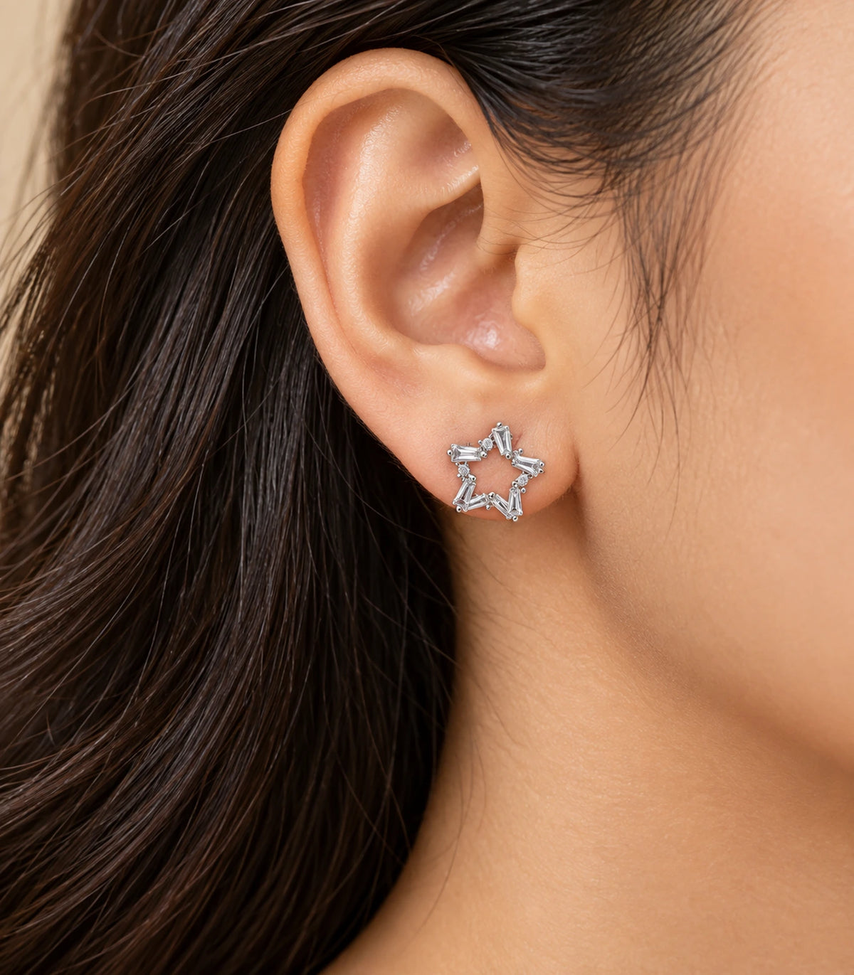 Silver Baguette Open Star Stud Earrings editorial model view