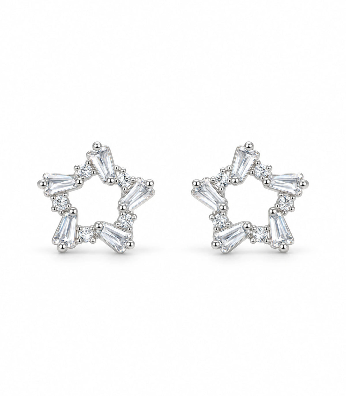 Silver Baguette Open Star Stud Earrings pair on a white background