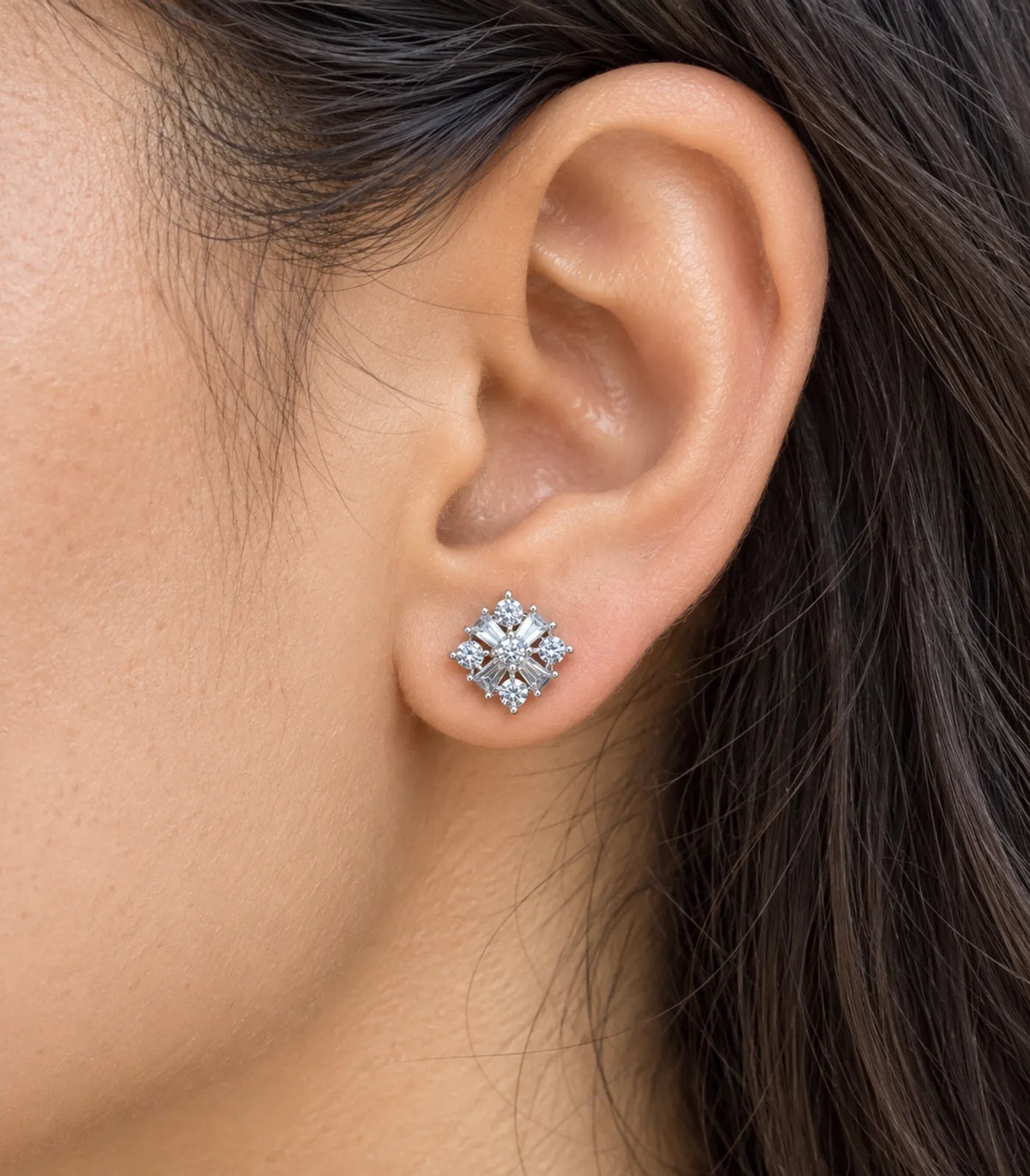 JIMIKI Silver Baguette and Round Cluster Stud Earrings — worn close-up detail #color_silver