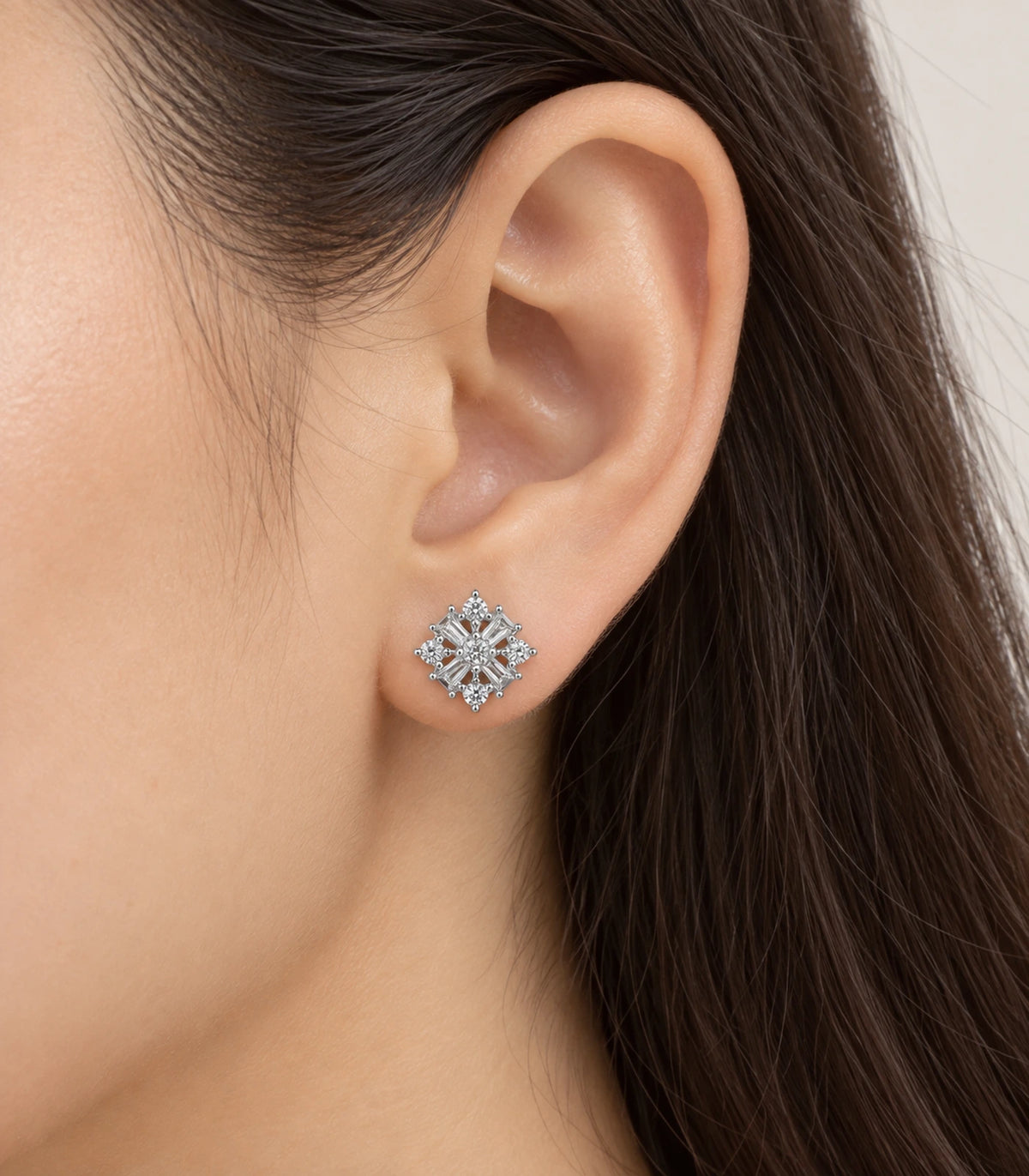 JIMIKI Silver Baguette and Round Cluster Stud Earrings — worn styling view #color_silver