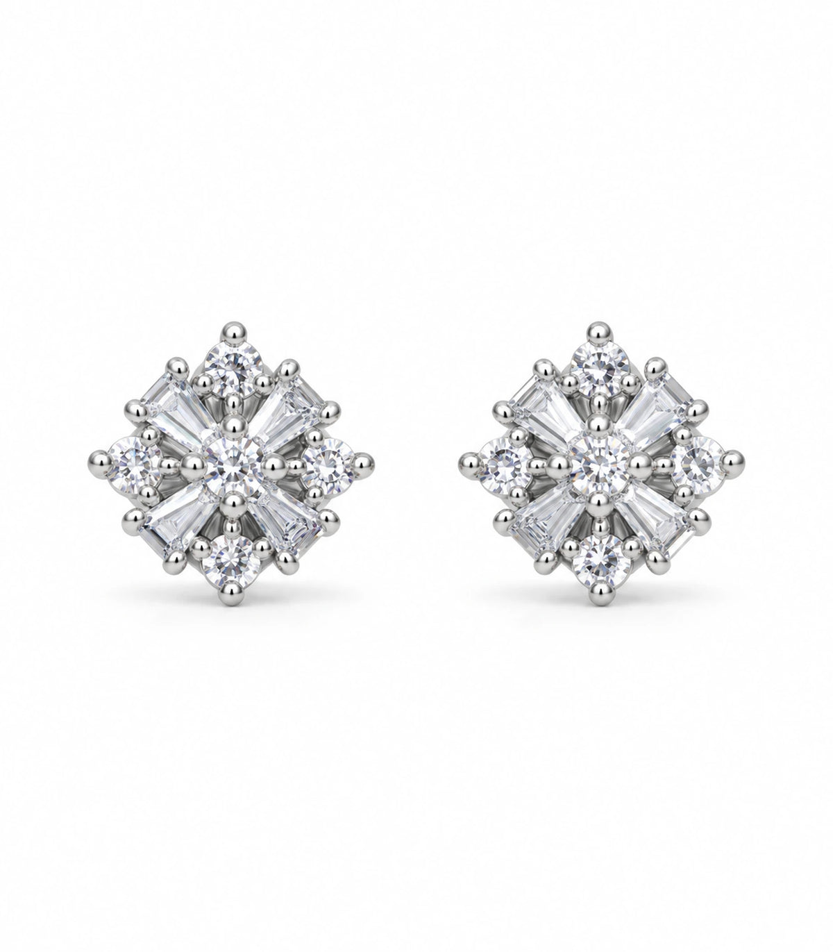 JIMIKI Silver Baguette and Round Cluster Stud Earrings — pair on white background #color_silver