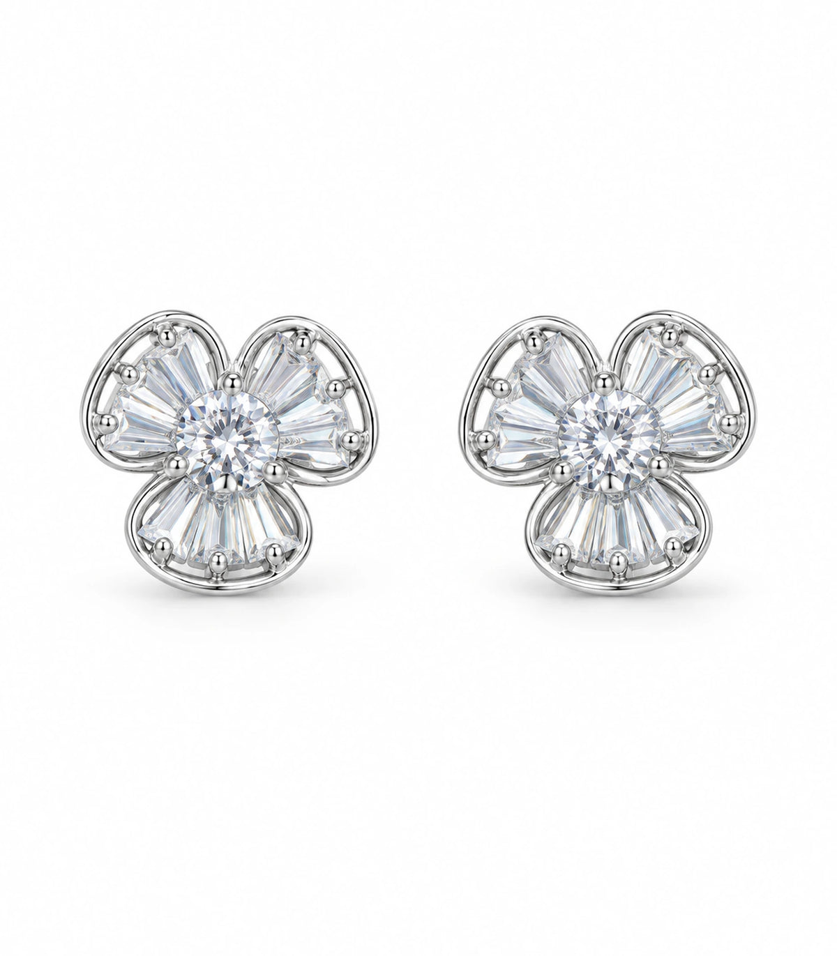 Pair of silver-tone three-petal flower stud earrings with clear baguette-style stones on white