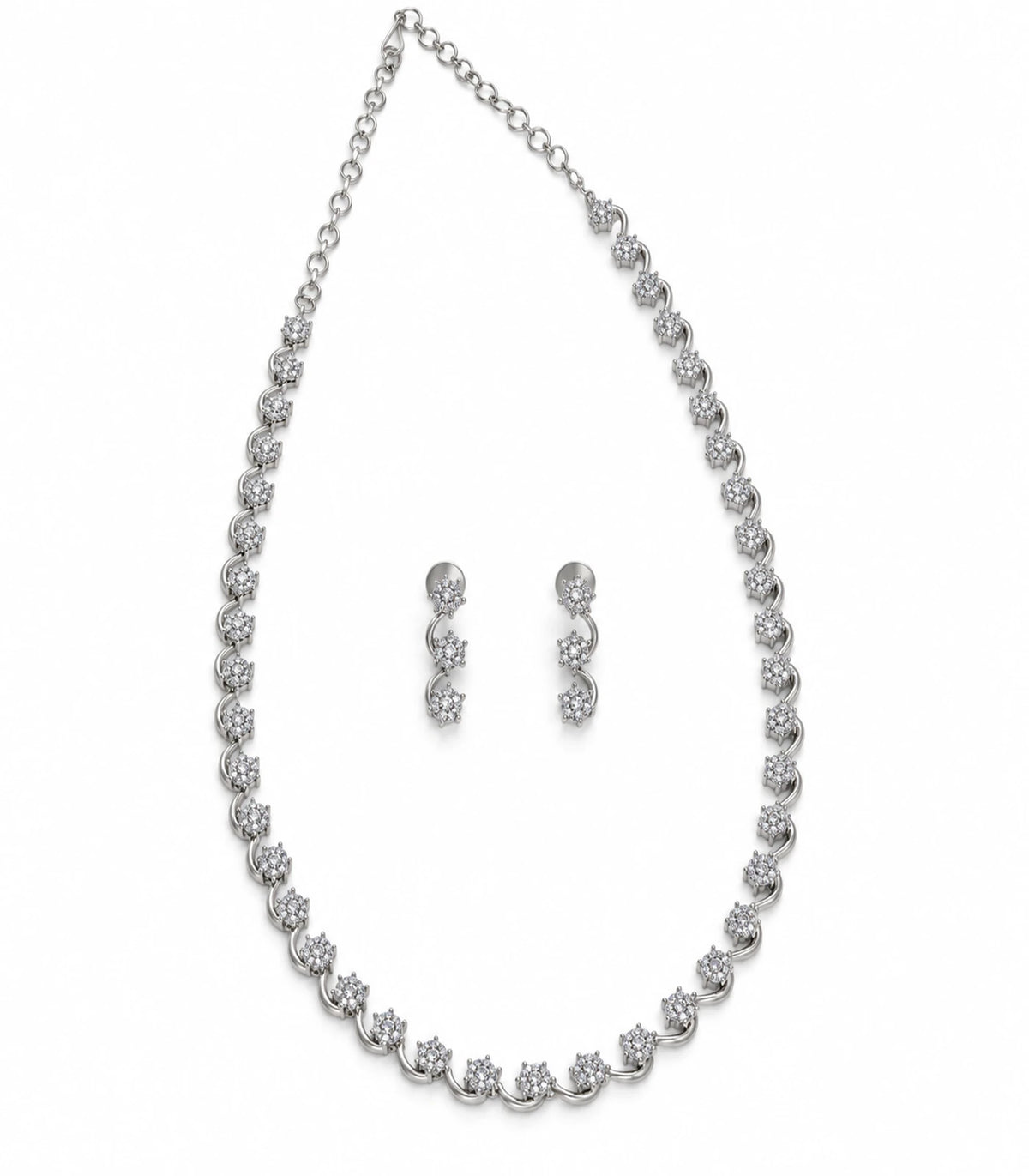 Silver Clear Round Crystal Necklace Set with one necklace and matching earring pair on white