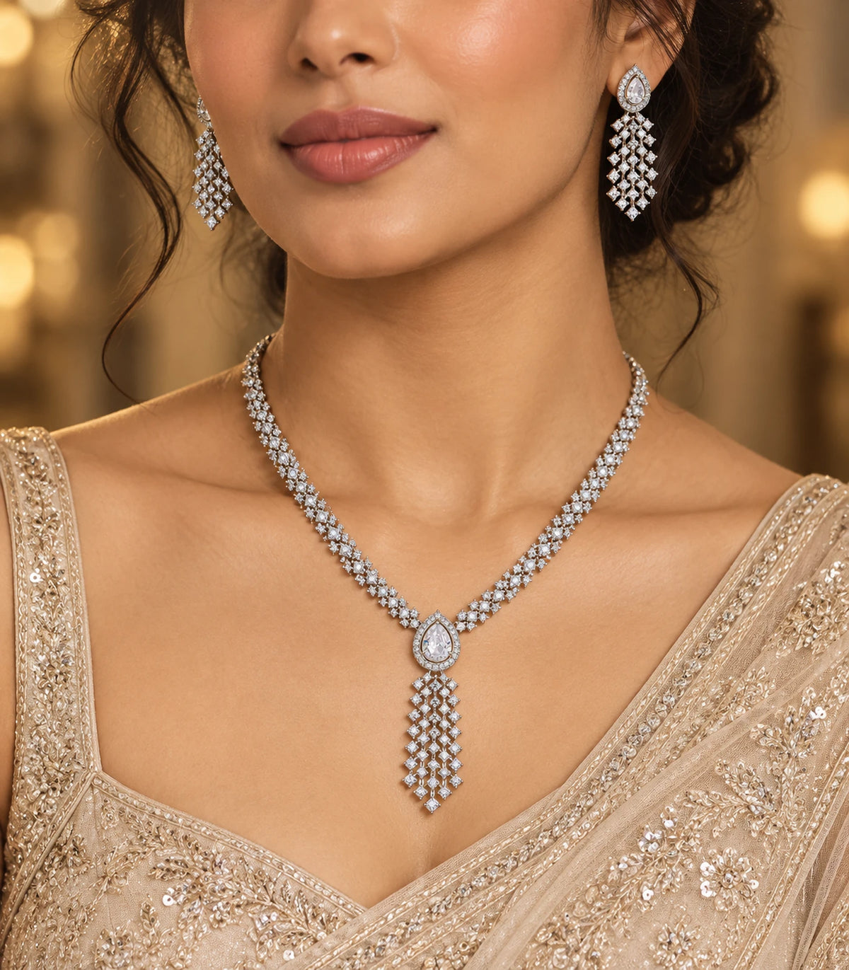 Silver Clear Lattice Drop Crystal Necklace Set worn in warm editorial lighting