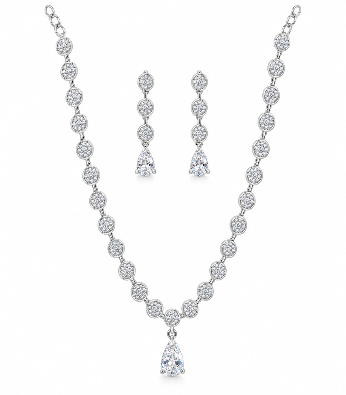 Silver clear round crystal drop necklace set with matching earrings on white background
