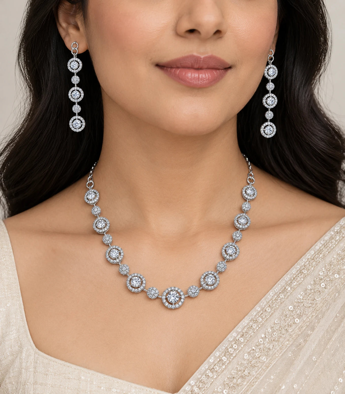 Silver Clear Round Crystal Necklace Set worn with an ivory outfit