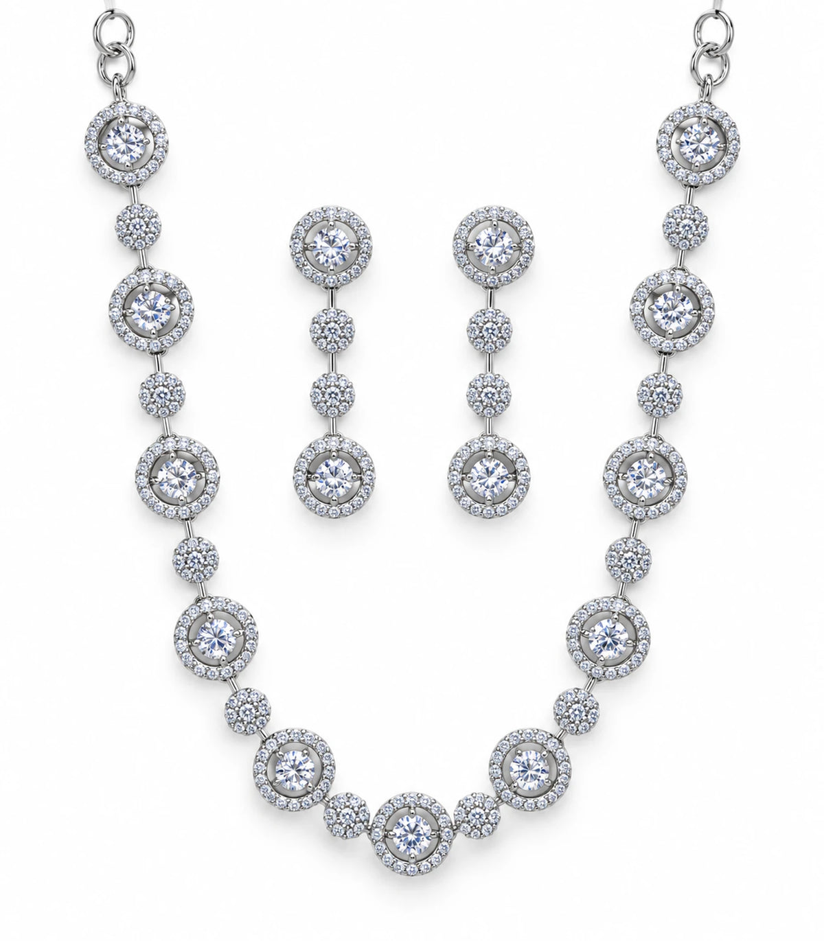 Silver Clear Round Crystal Necklace Set with necklace and matching earring pair on white background