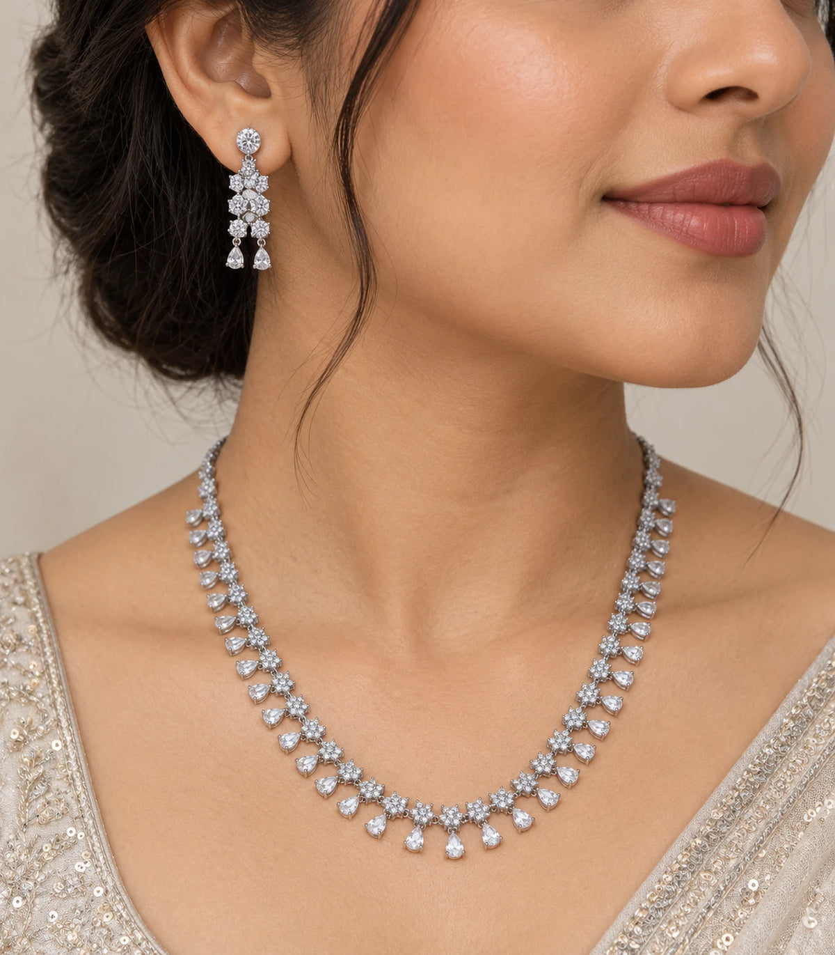 Silver Clear Teardrop Crystal Necklace Set closeup of matching earring and necklace