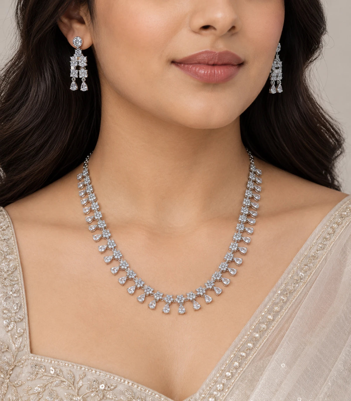 Silver Clear Teardrop Crystal Necklace Set worn with matching earrings