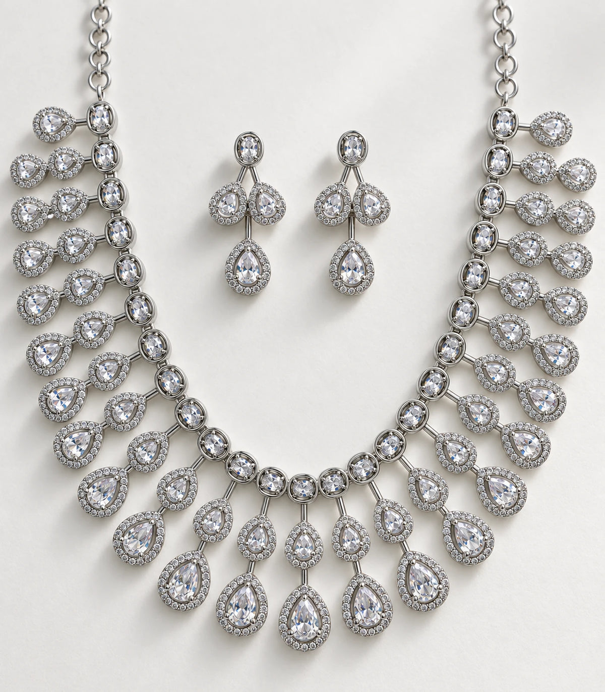 Silver Clear Teardrop Fringe Crystal Necklace Set — close view of clear stones and teardrop details