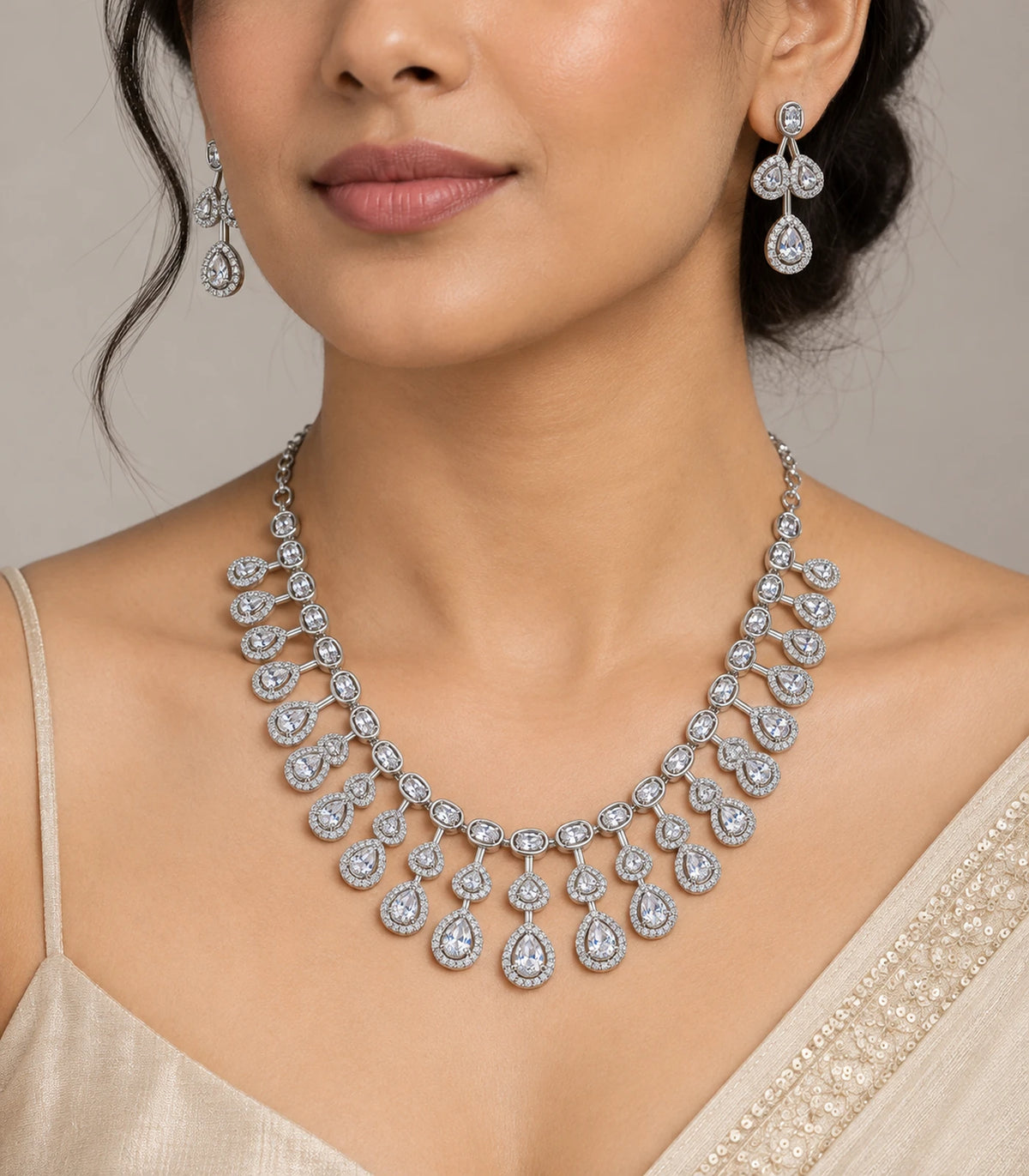 Silver Clear Teardrop Fringe Crystal Necklace Set — styled necklace and matching earrings