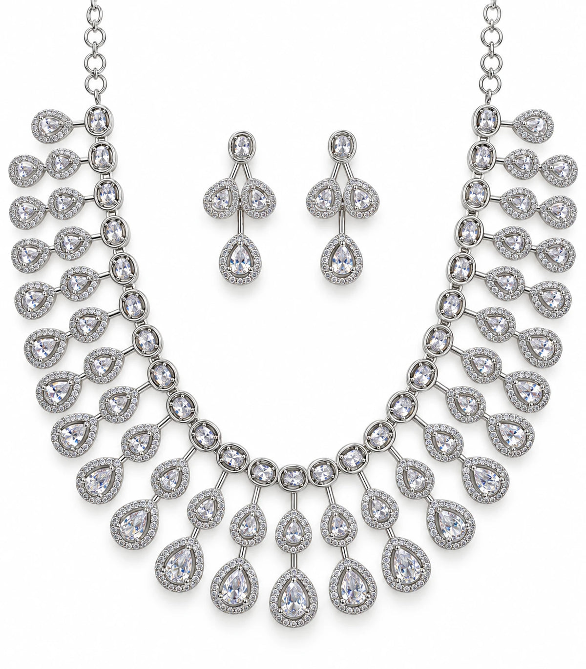 Silver Clear Teardrop Fringe Crystal Necklace Set — necklace and matching earrings on white background