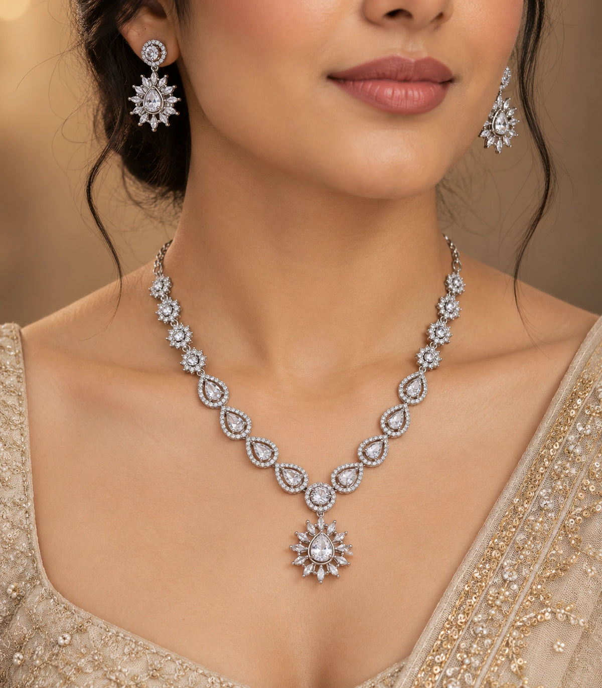 Silver Clear Teardrop Sunburst Crystal Necklace Set worn with matching earrings