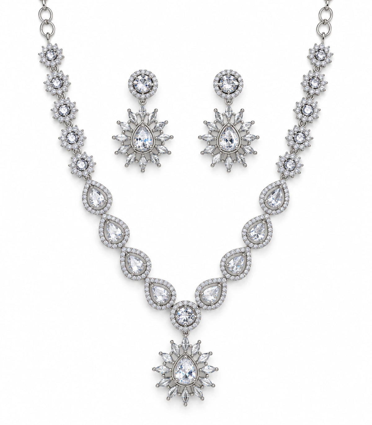 Silver Clear Teardrop Sunburst Crystal Necklace Set with matching pair of earrings on white