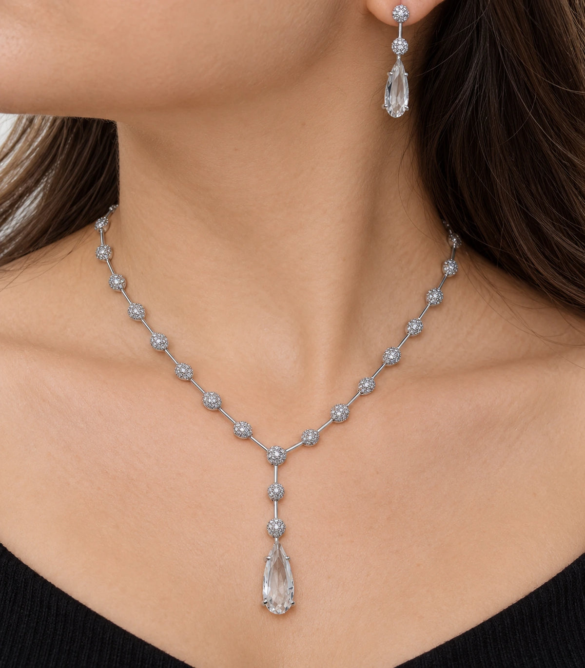Close view of the Silver Clear Y-Drop Crystal Necklace Set and matching earring