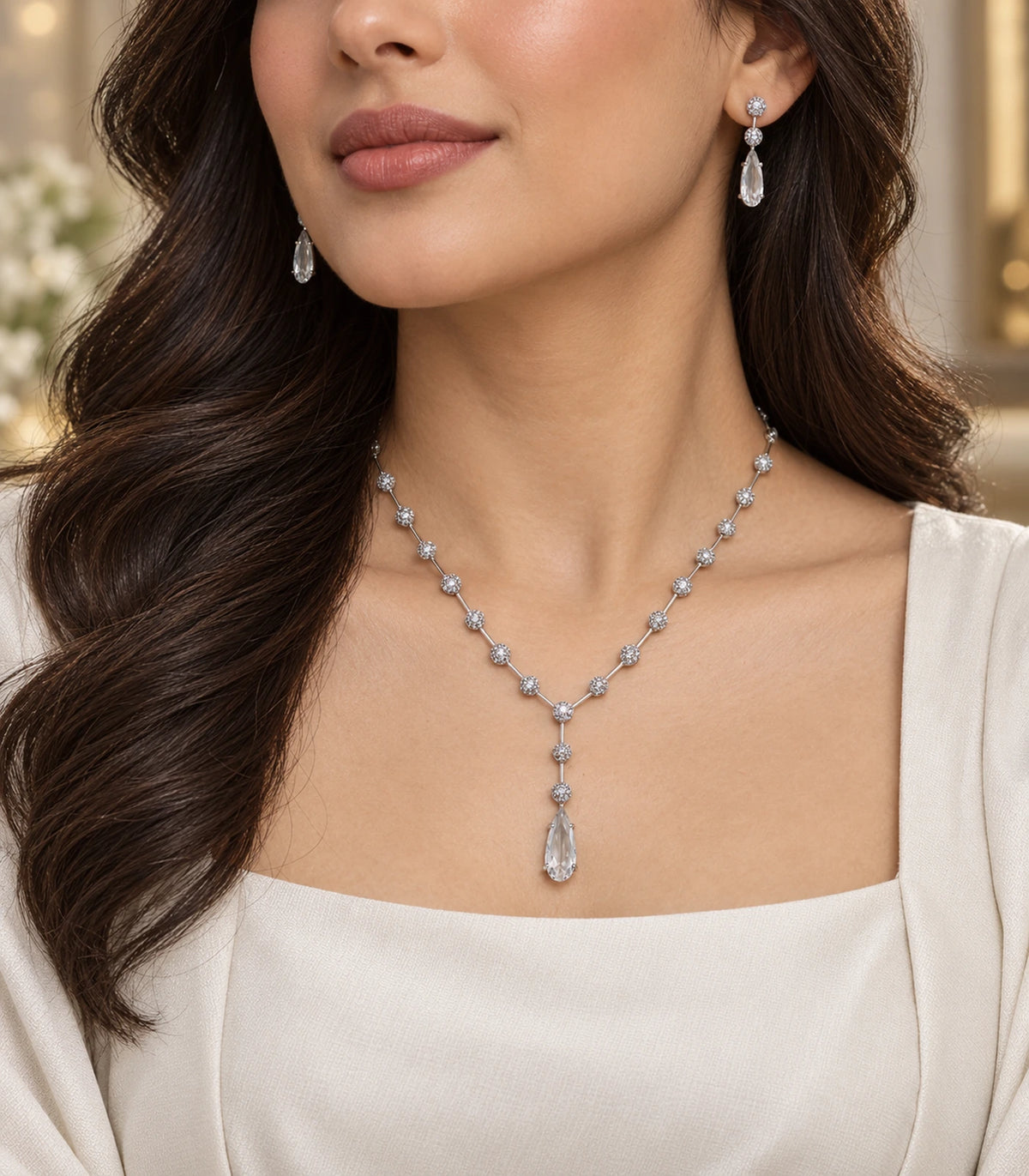 Silver Clear Y-Drop Crystal Necklace Set worn with a white outfit