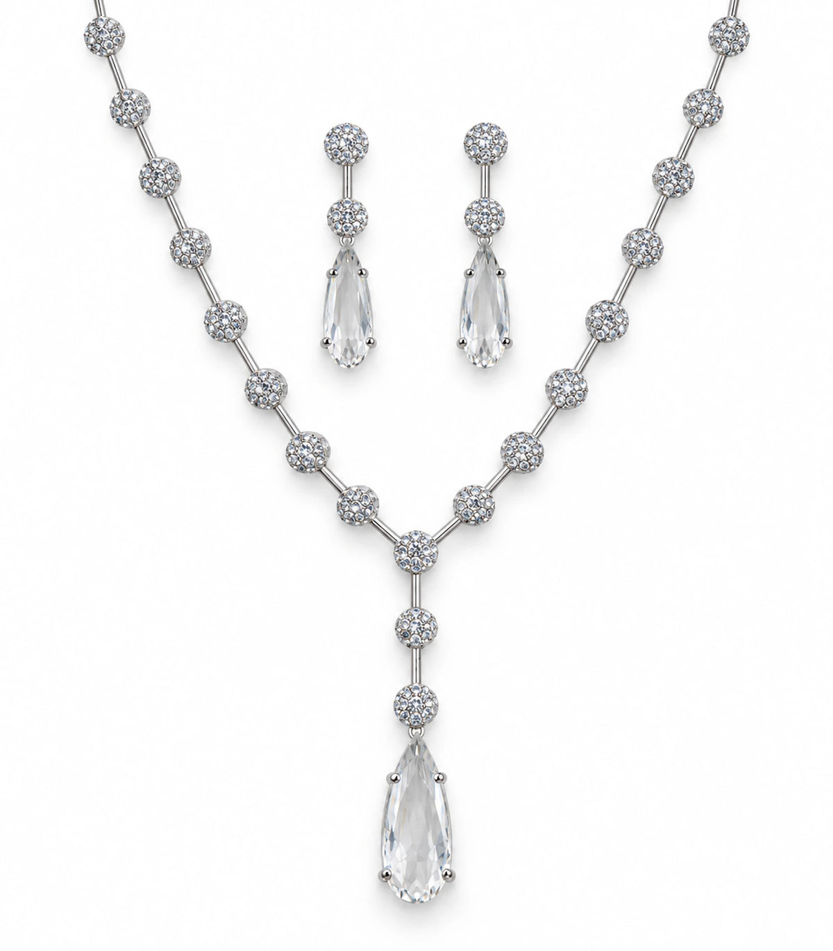 Silver Clear Y-Drop Crystal Necklace Set with matching pair of teardrop earrings on white