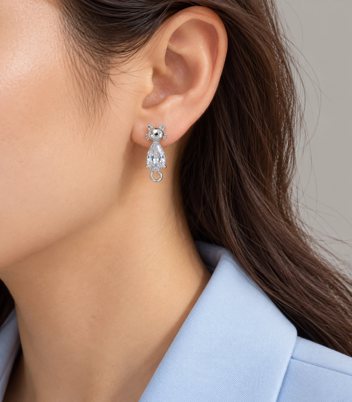 JIMIKI Silver Crystal Cat Drop Earrings - editorial-model #color_silver