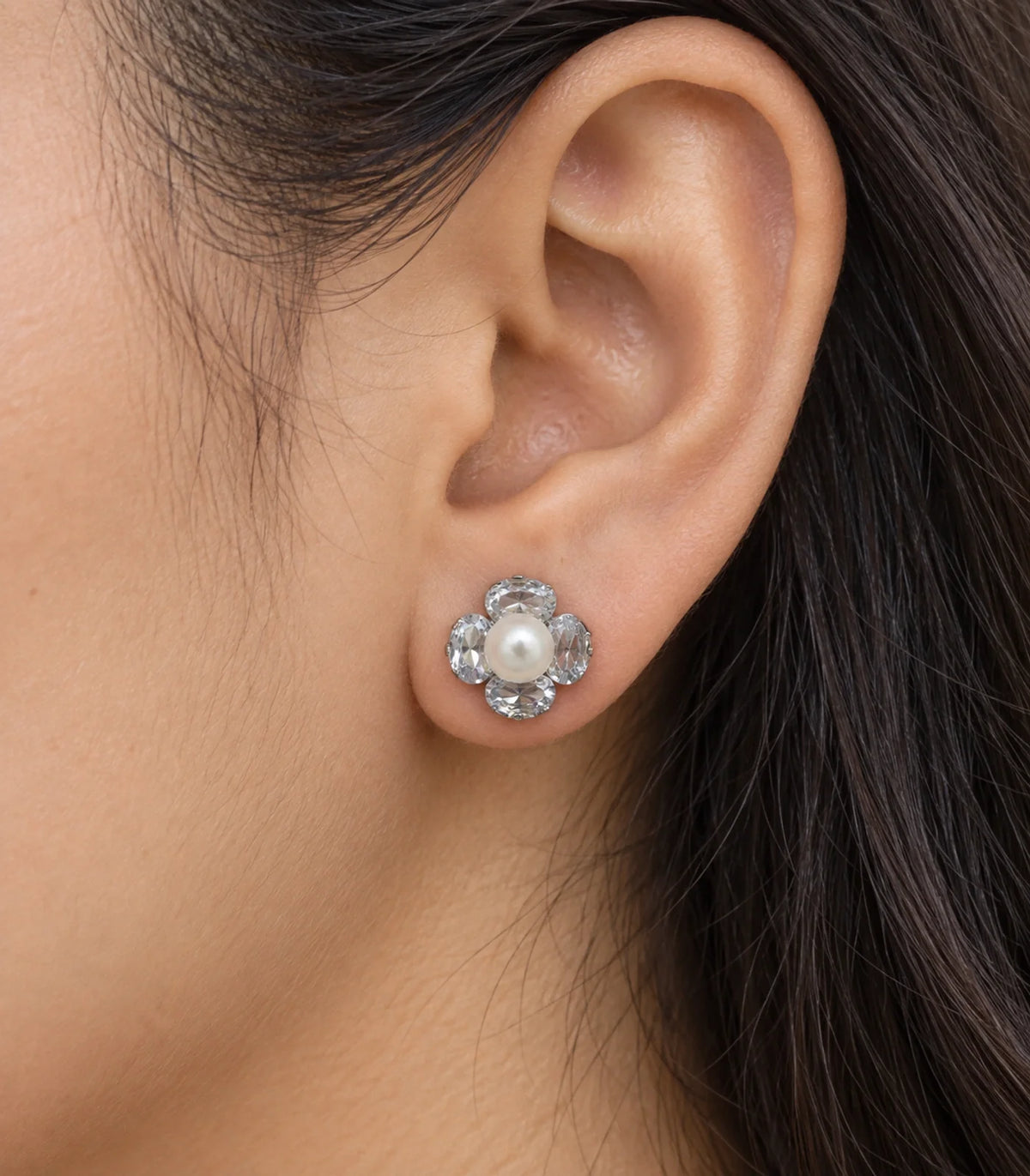 JIMIKI silver four-petal crystal flower pearl stud earrings - closeup #color_silver