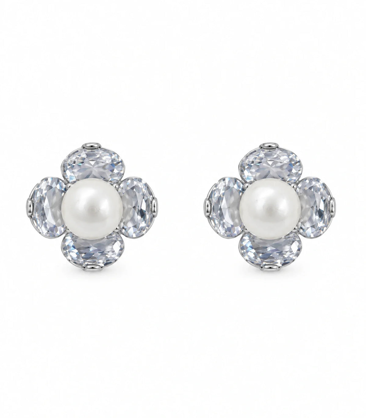 JIMIKI silver four-petal crystal flower pearl stud earrings - white-background #color_silver