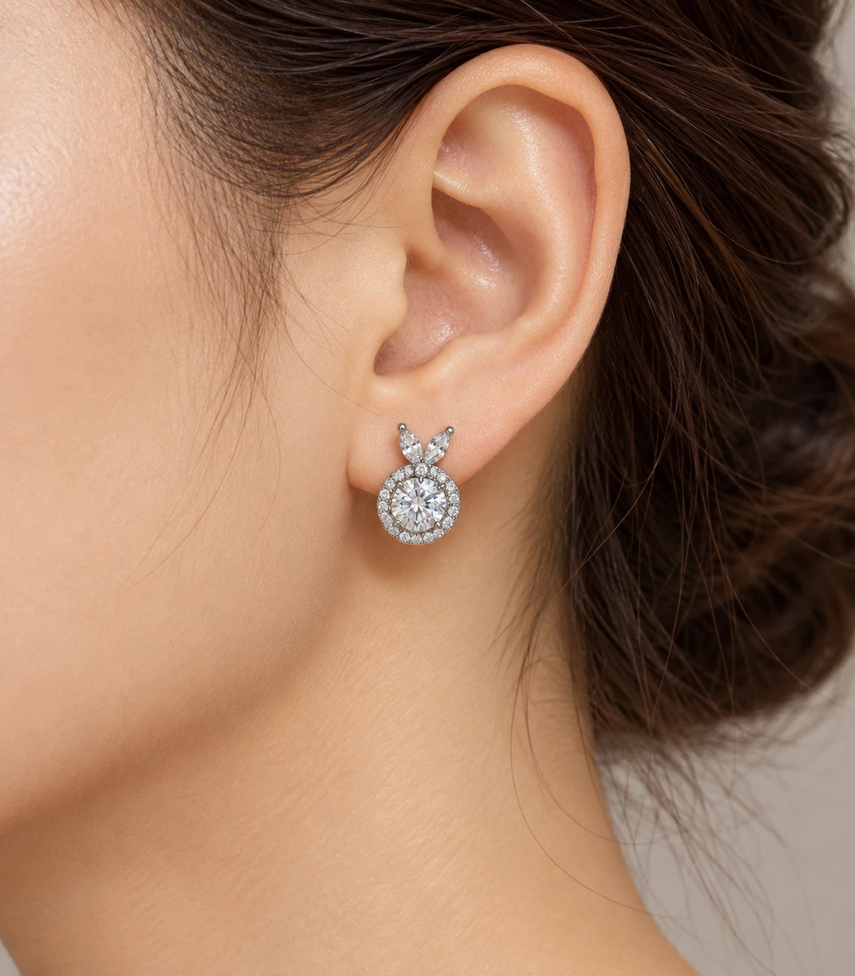 JIMIKI Crystal Halo Leaf Stud Earrings in Silver - editorial-model #color_silver