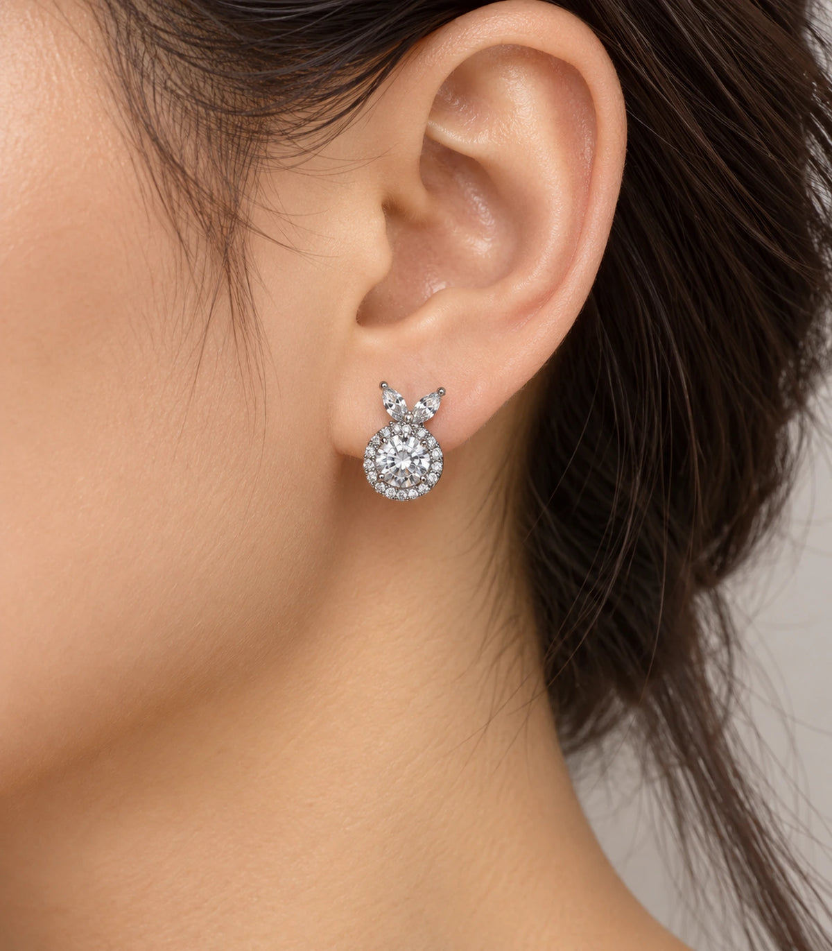 JIMIKI Crystal Halo Leaf Stud Earrings in Silver - model #color_silver
