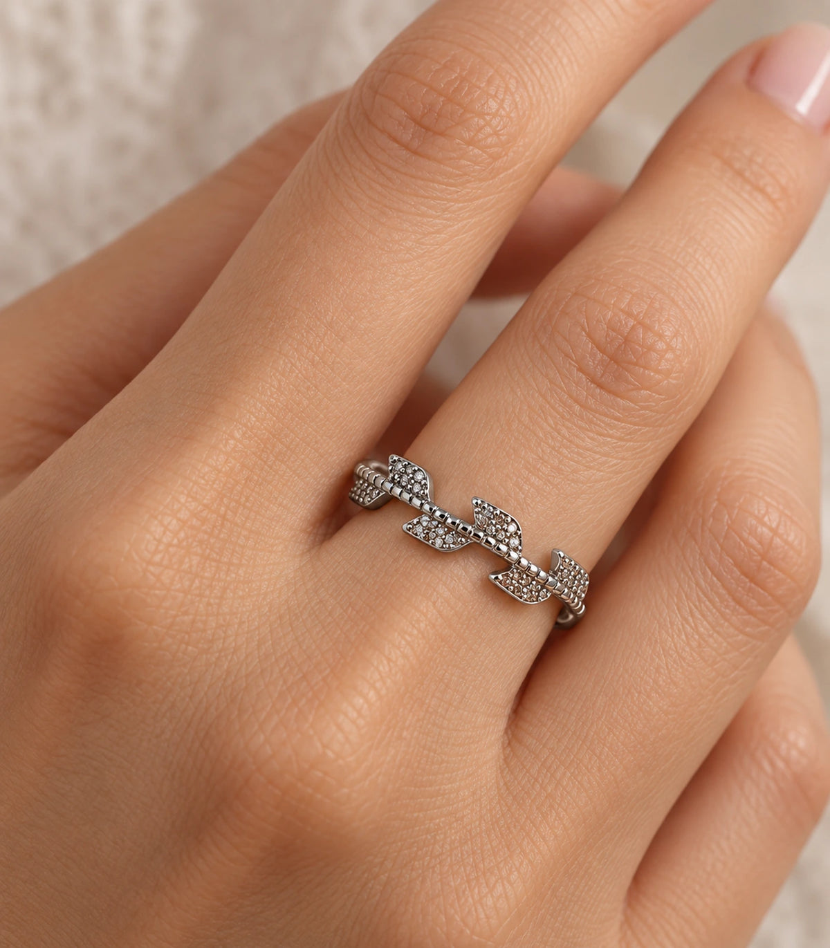 JIMIKI Silver Crystal Leaf Branch Ring in Silver - close-up details #color_silver