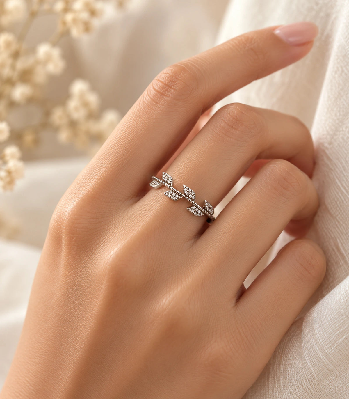 JIMIKI Silver Crystal Leaf Branch Ring in Silver - editorial worn view #color_silver