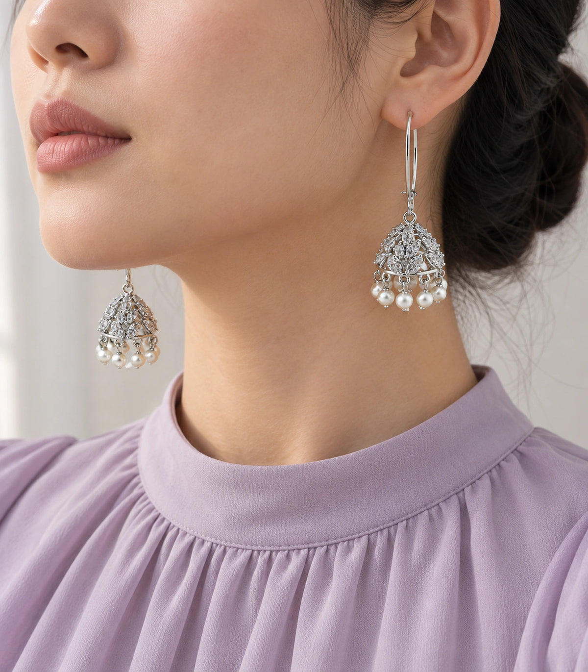 JIMIKI Crystal Leaf Pearl Hoop Jhumka Earrings - Silver earring in a styled model view #color_silver