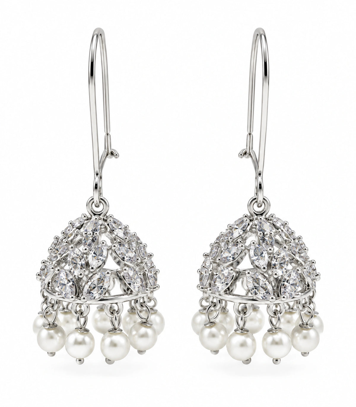 JIMIKI Crystal Leaf Pearl Hoop Jhumka Earrings - Silver pair on white background #color_silver