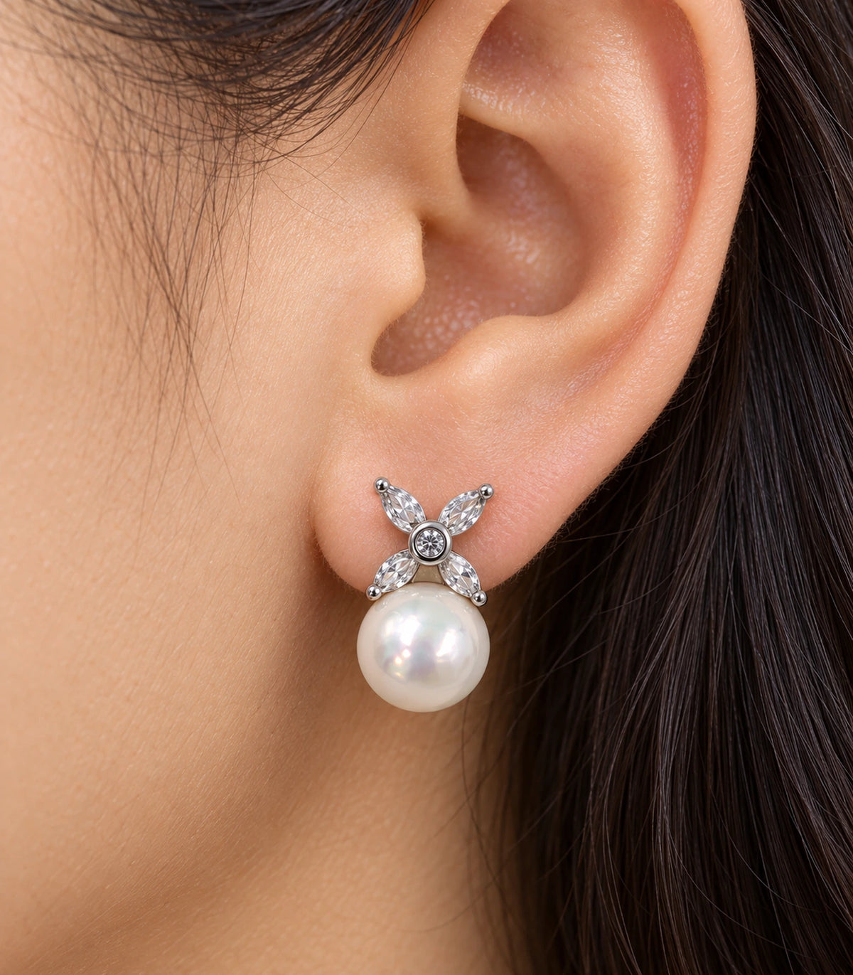 JIMIKI Silver Crystal Petal Pearl Stud Earrings in Silver - closeup #color_silver