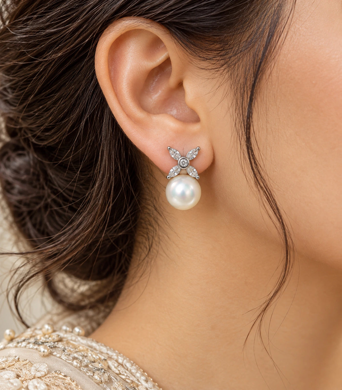 JIMIKI Silver Crystal Petal Pearl Stud Earrings in Silver - editorial model #color_silver