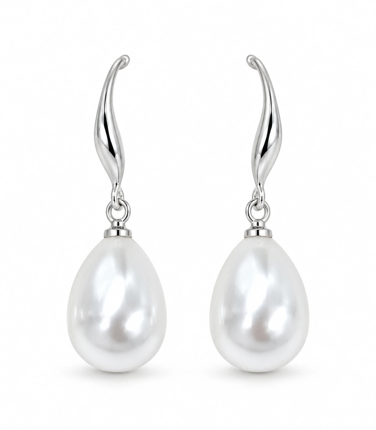 Pair of silver-tone curved leaf earrings with white teardrop pearl-style drops on a white background