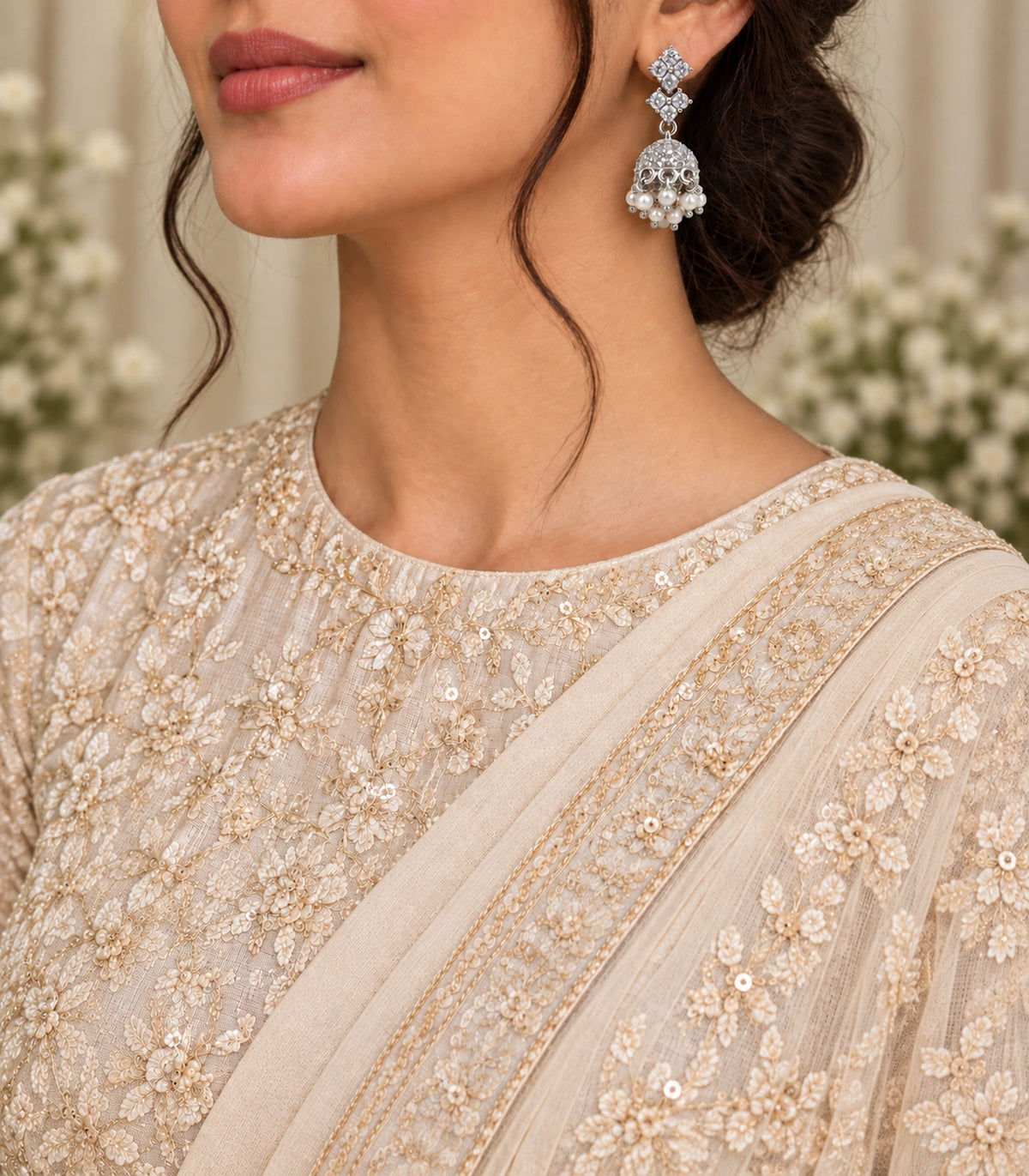 JIMIKI Silver Double Diamond Crystal Jhumka Earrings - Earring worn with a cream outfit #color_silver