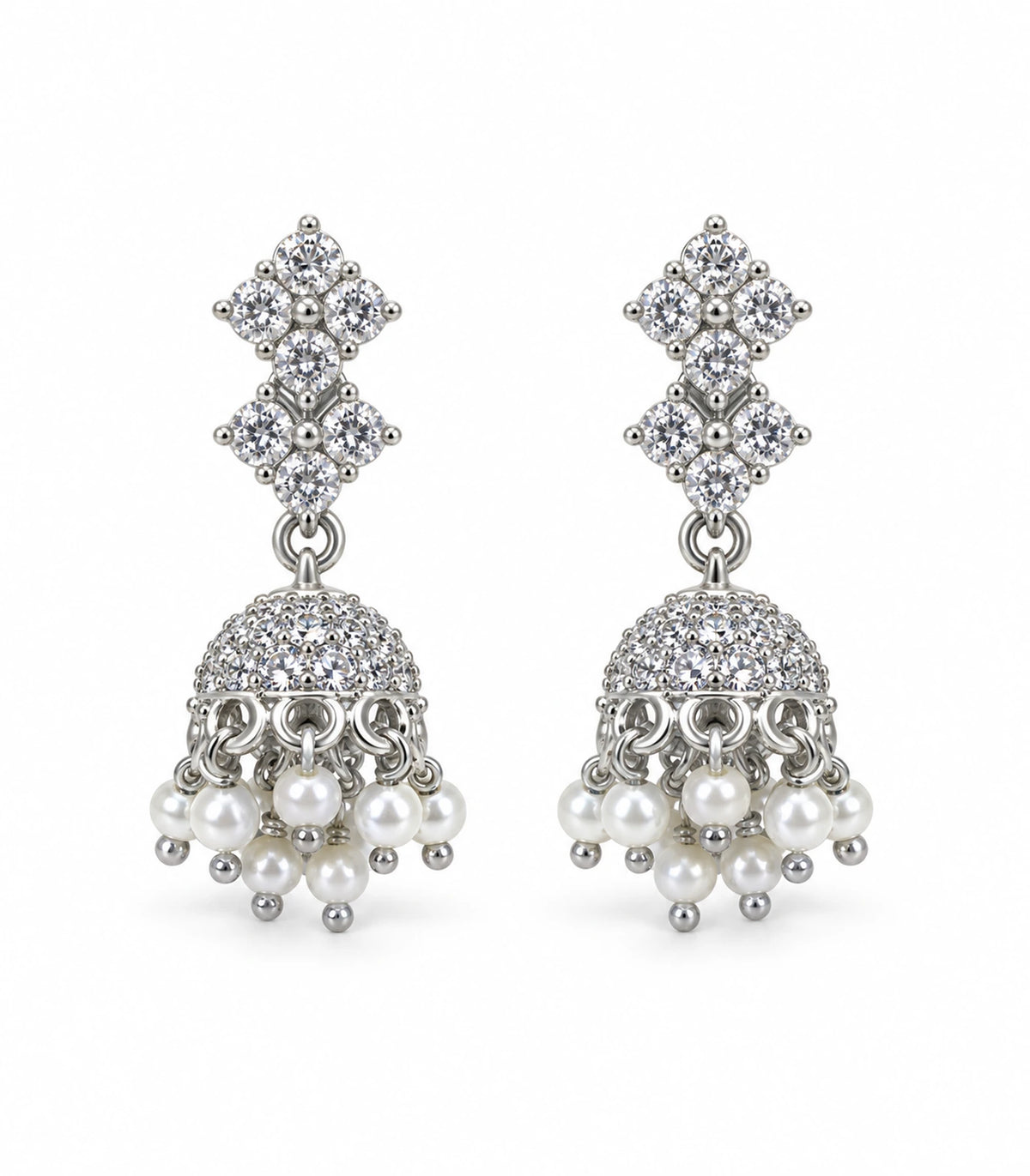 JIMIKI Silver Double Diamond Crystal Jhumka Earrings - Matching pair on a white background #color_silver