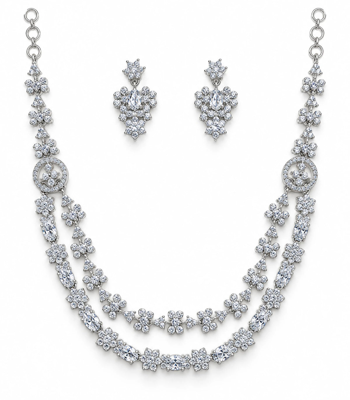 Silver-tone double-layer floral crystal necklace with two matching drop earrings on a white background