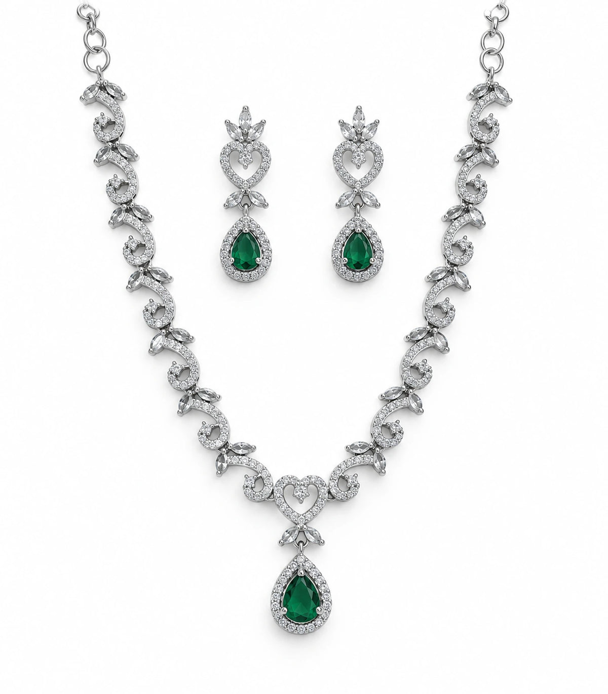 Silver-tone necklace with green teardrop halo pendant and matching earrings on white