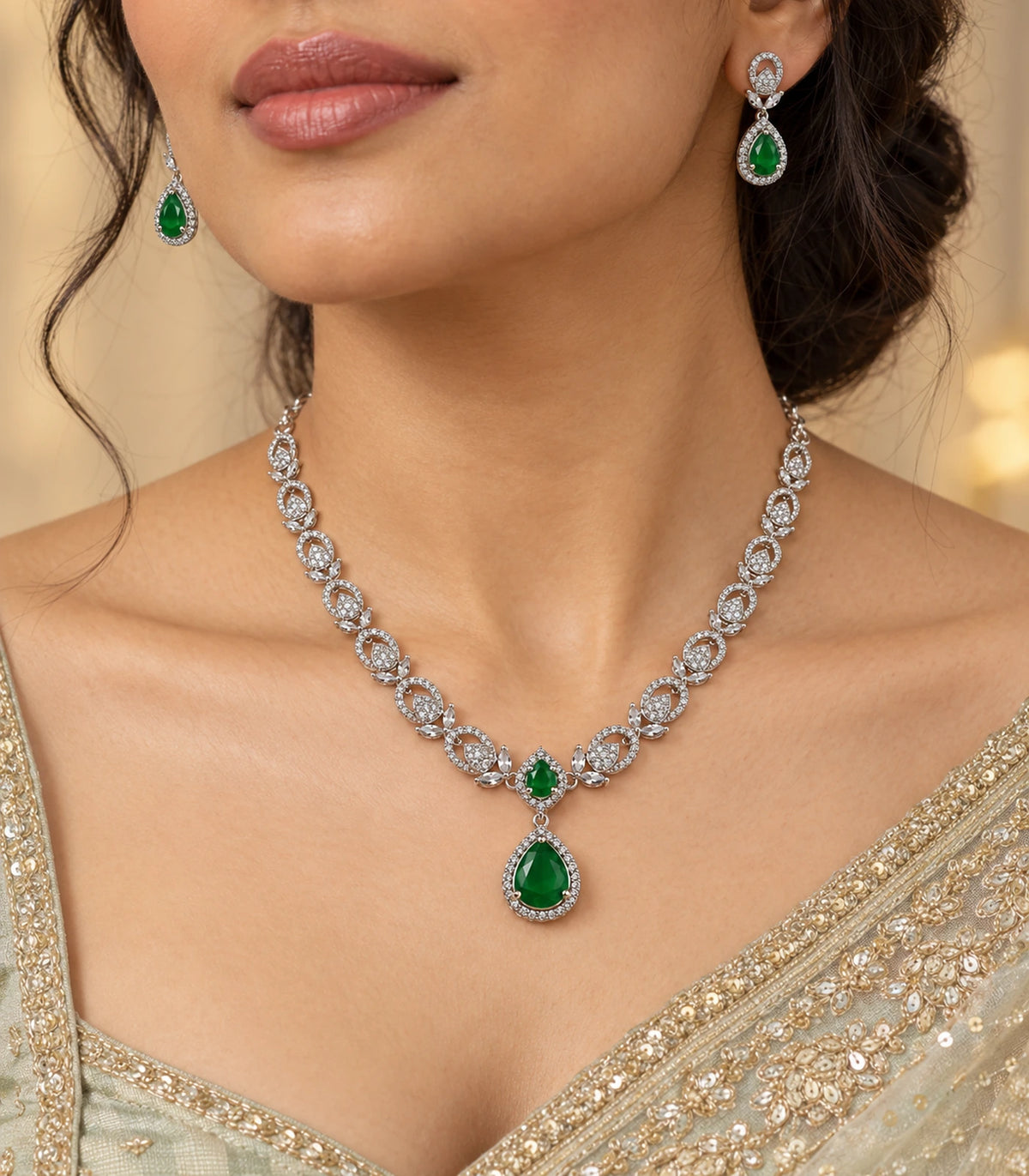 Silver Emerald Teardrop Crystal Necklace Set worn with a light-coloured outfit