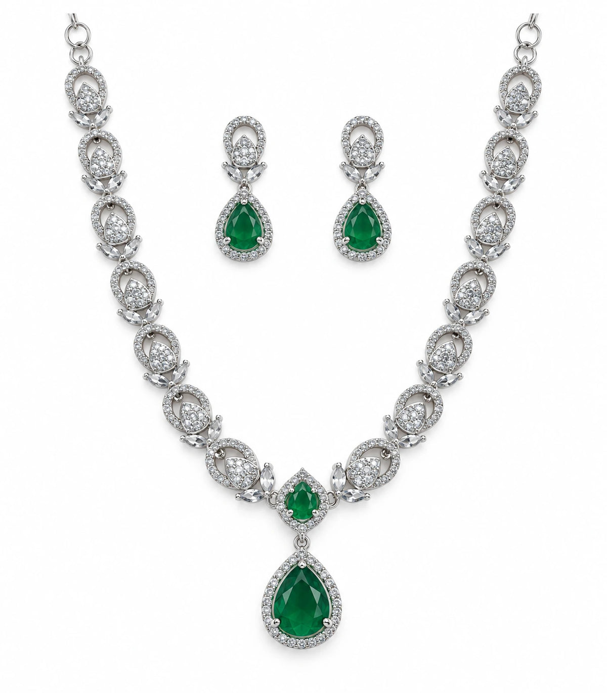 Silver Emerald Teardrop Crystal Necklace Set with necklace and matching earring pair on white background