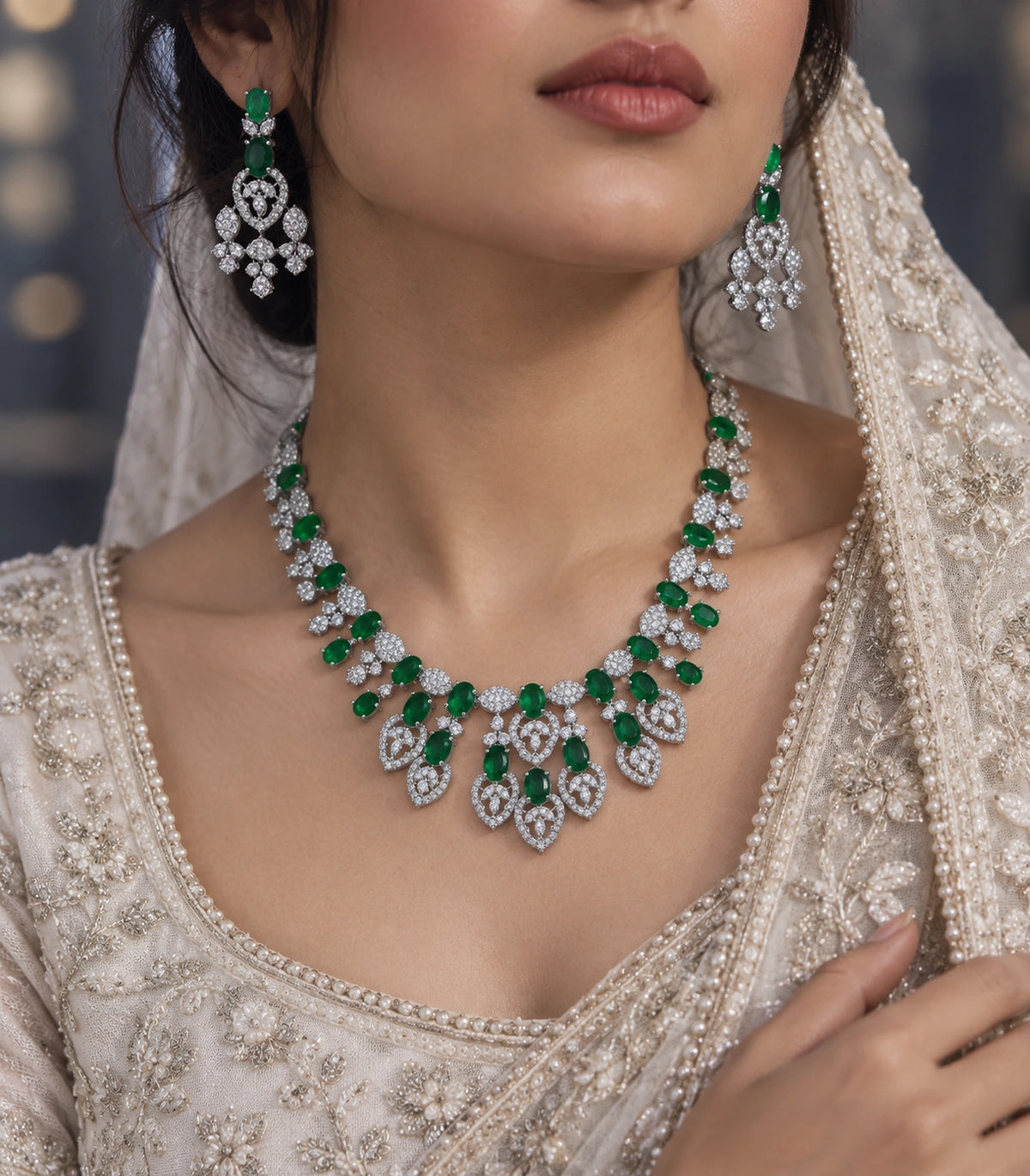 Emerald-green and silver-tone necklace set styled with a cream embellished outfit